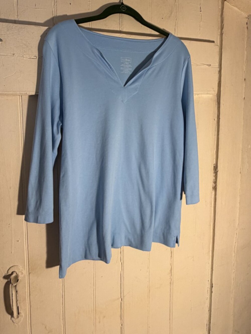 LL Bean Three Quarter Sleeve Alpine Blue Cotton Splitneck Tunic Sz L